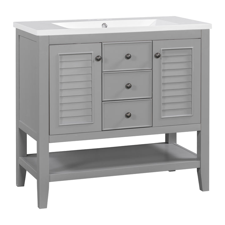 36" Bathroom Vanity with Ceramic Basin, Two Cabinets and Drawers, Open Shelf, Solid Wood Frame, Grey (OLD SKU: SY999101AAE)