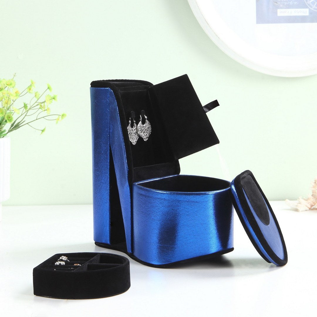 9" Tall Display Jewelry Box with Hidden Storage, High Heel Shoe Design, Blue Velvet