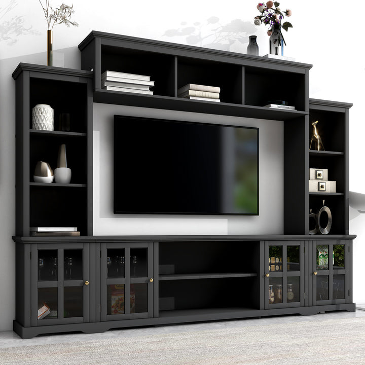 [VIDEO provided] ON-TREND Minimalism Entertainment Wall Unit with Bridge, Modern TV Console Table for TVs Up to 70", Multifunctional TV Stand with Tempered Glass Door, Black (Old SKU: SD000009AAB)