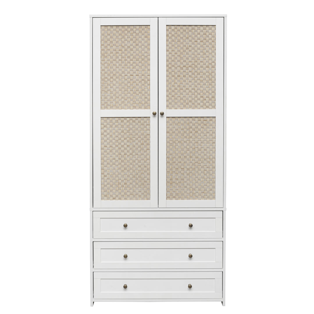 2-Door Wardrobe with 3 Drawers High Wardrobe  Armoire With 2 Rattan Door For Living Room, Bedroom Organizer