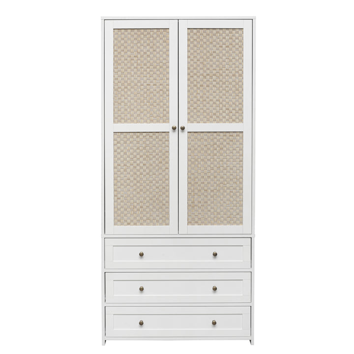 2-Door Wardrobe with 3 Drawers High Wardrobe  Armoire With 2 Rattan Door For Living Room, Bedroom Organizer