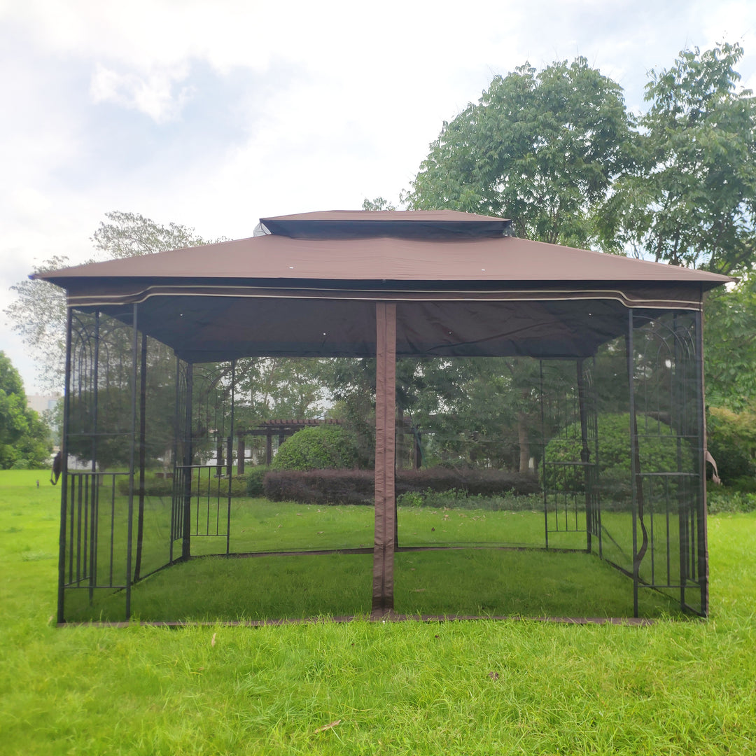 13x10 Outdoor Patio Gazebo Canopy Tent With Ventilated Double Roof And Mosquito net(Detachable Mesh Screen On All Sides),Suitable for Lawn, Garden, Backyard and Deck,Brown Top