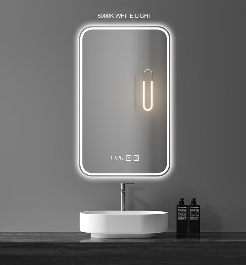 24x32inch LED Vanity Smart Mirror with time and temperature display, equipped with defogging and gradient 3-color lighting.