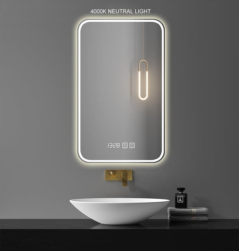 24x32inch LED Vanity Smart Mirror with time and temperature display, equipped with defogging and gradient 3-color lighting.