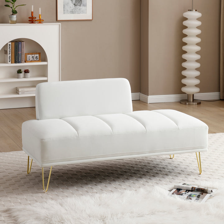 56.3"Inch Width Modern End of Bed Bench,Velvet Fabric Upholstered 2 Seater Sofa Couch Entryway Ottoman Bench, Fuzzy Sofa Stool Footrest Window Bench with Gold Metal Legs for Bedroom, Living Room,White