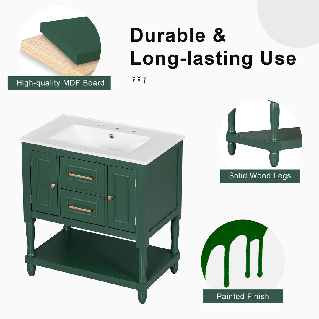 30" Bathroom Vanity with Sink Top, Bathroom Vanity Cabinet with Two Doors and Two Drawers, Solid Wood Frame, One Package, Green