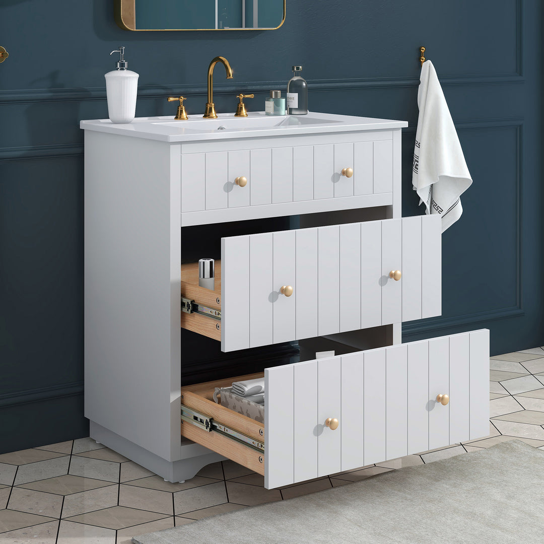 [Video]30-Inch Modern White Bathroom Vanity Cabinet with two drawers