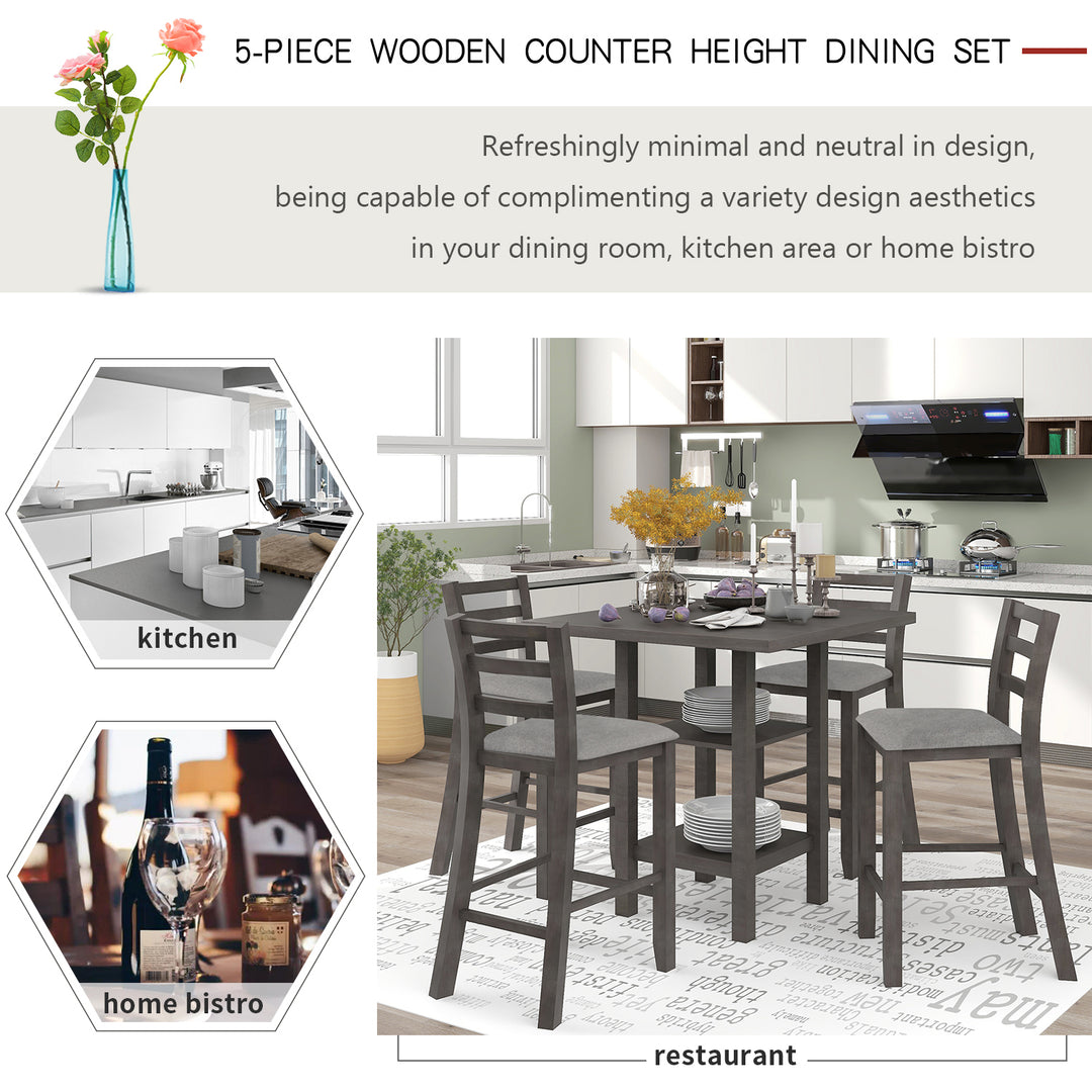 TREXM 5-Piece Wooden Counter Height Dining Set with Padded Chairs and Storage Shelving (Gray)