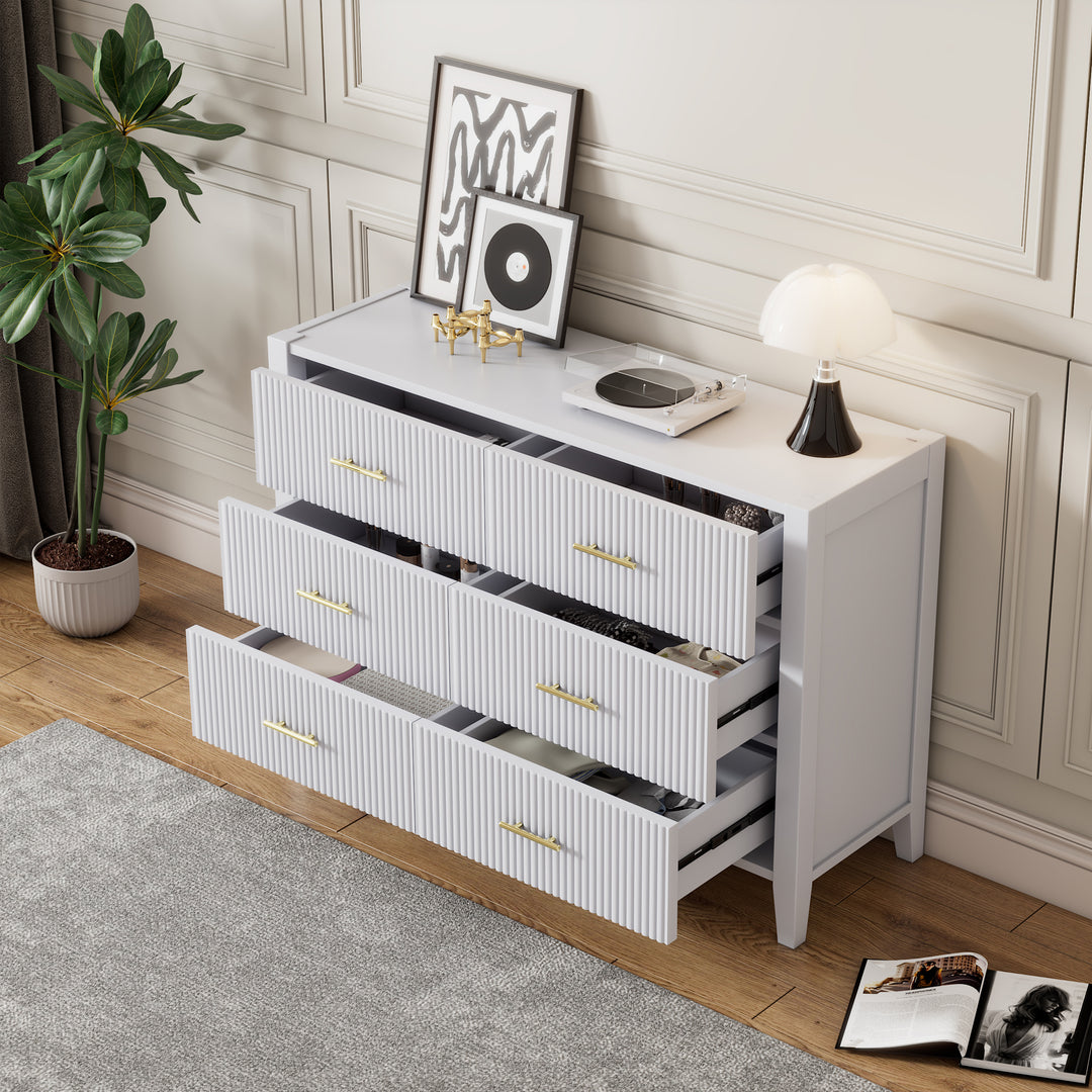 6 Drawer Dresser with Metal Handle for Bedroom, Storage Cabinet with Vertical Stripe Finish Drawer, White(Passed ASTM F2057-23 Test)