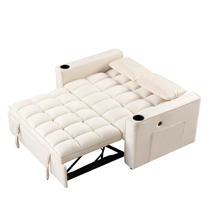 55.3" 4-1 Multi-functional Sofa Bed with Cup Holder and USB Port for Living Room or Apartments Milky White