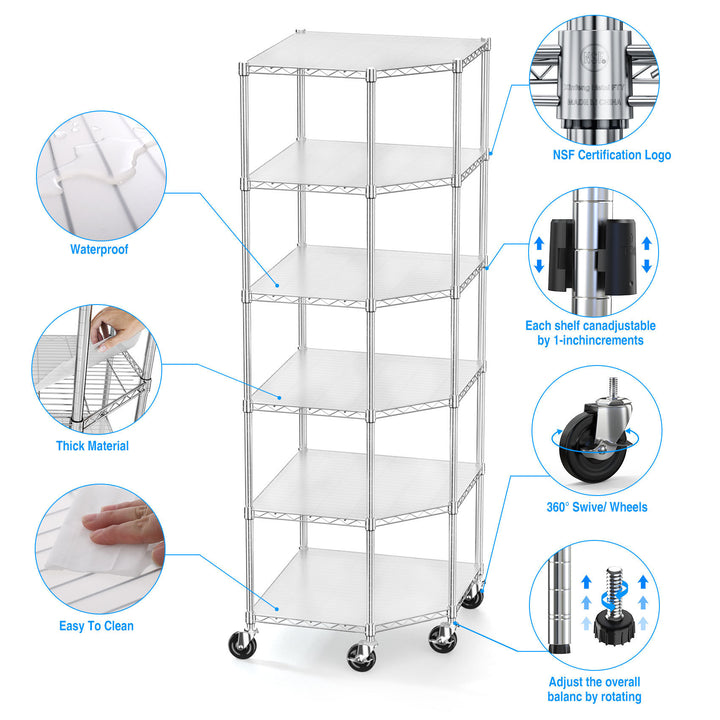 6 Tier Shelf Corner Wire Shelf Rack Pentagonal Shelves with Wheels Adjustable Metal Heavy Duty Free Standing Corner Storage Display Chrome Rack for Bathroom, Living Room, Kitchen - Chrome