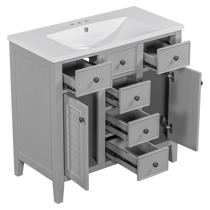 36" Bathroom Vanity with Ceramic Basin, Two Cabinets and Five Drawers, Solid Wood Frame, Grey (OLD SKU: SY999202AAE)