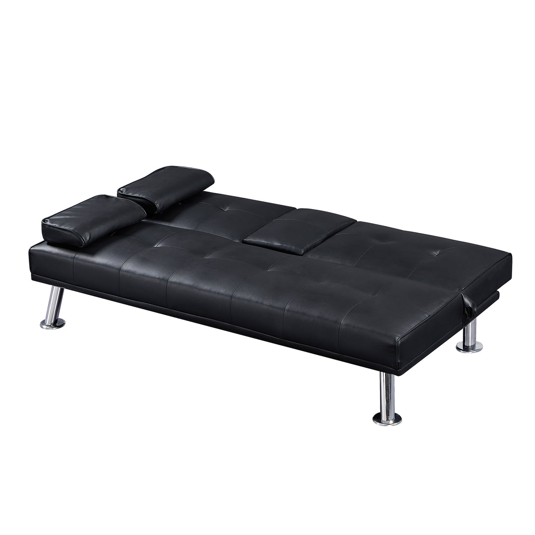 Black Faux Leather Loveseat Sofa Bed with Cup Holders , Convertible Folding Sleeper Couch Bed .