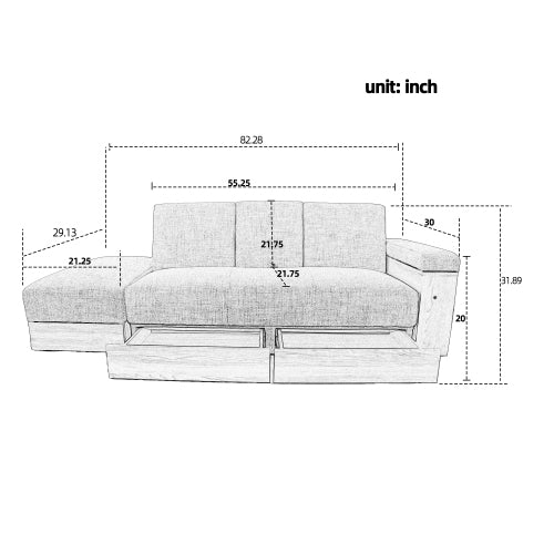 Multi-functional sofa, can sit, lie down, with storage box and drawer, and the storage sofa arm can be used as tea table and pedal-Light Gray