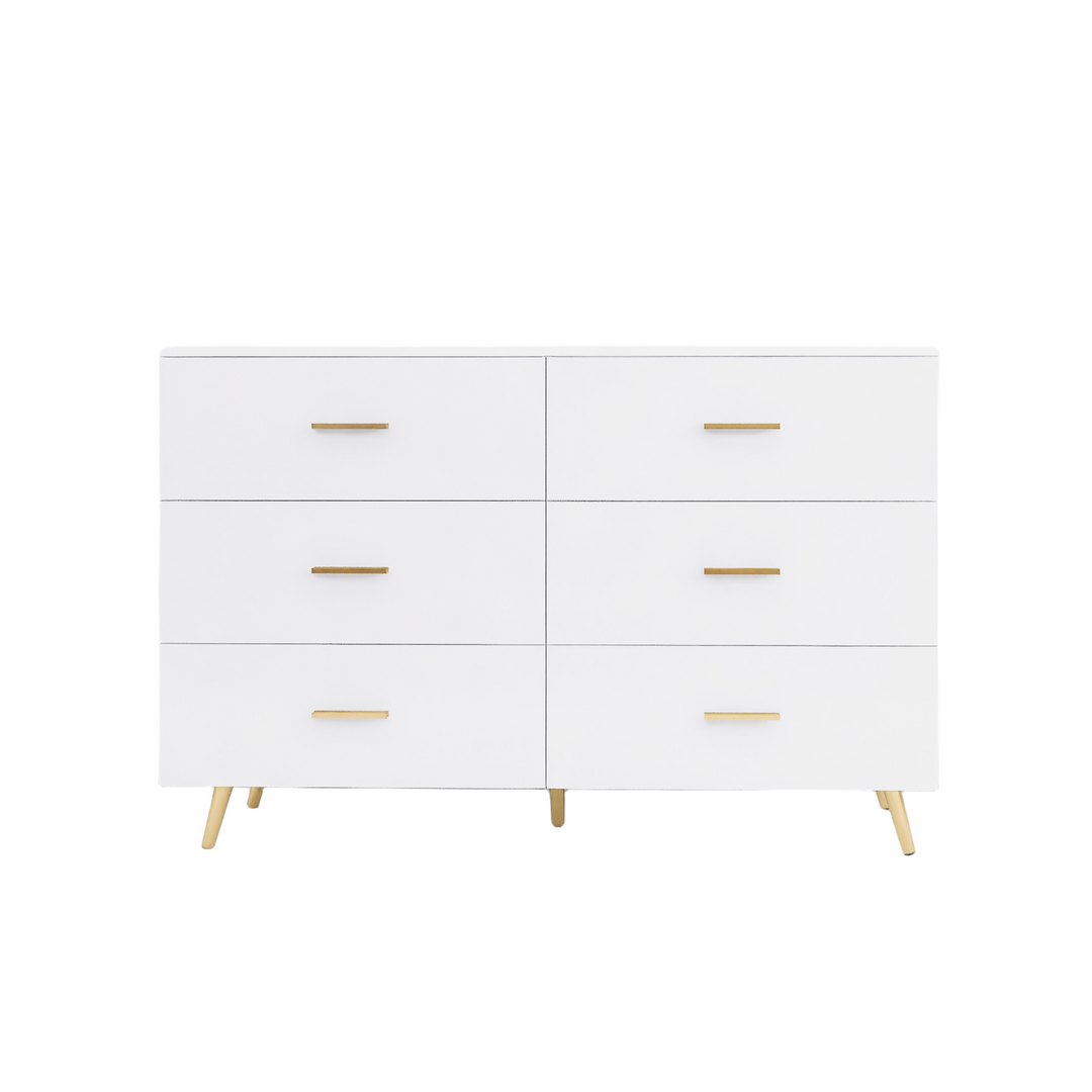 High Glossy Surface 6 Drawers Chest of Drawer with Golden Handle and Golden Steel Legs White Color Vanity