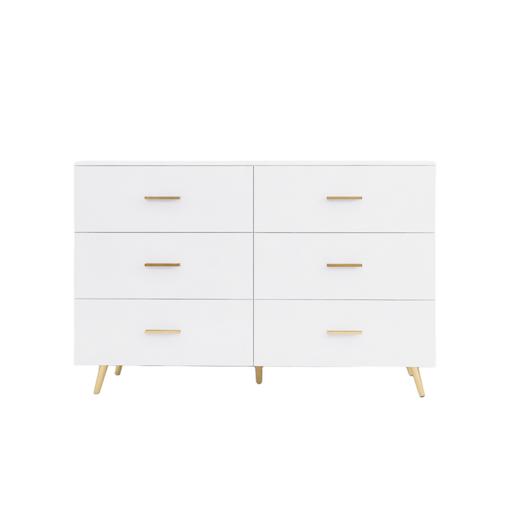 High Glossy Surface 6 Drawers Chest of Drawer with Golden Handle and Golden Steel Legs White Color Vanity