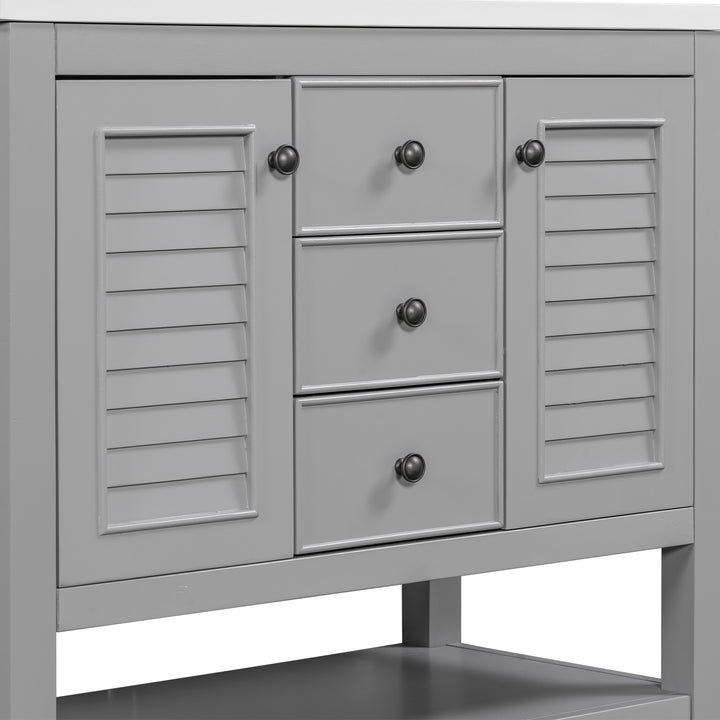 36" Bathroom Vanity with Ceramic Basin, Two Cabinets and Drawers, Open Shelf, Solid Wood Frame, Grey (OLD SKU: SY999101AAE)