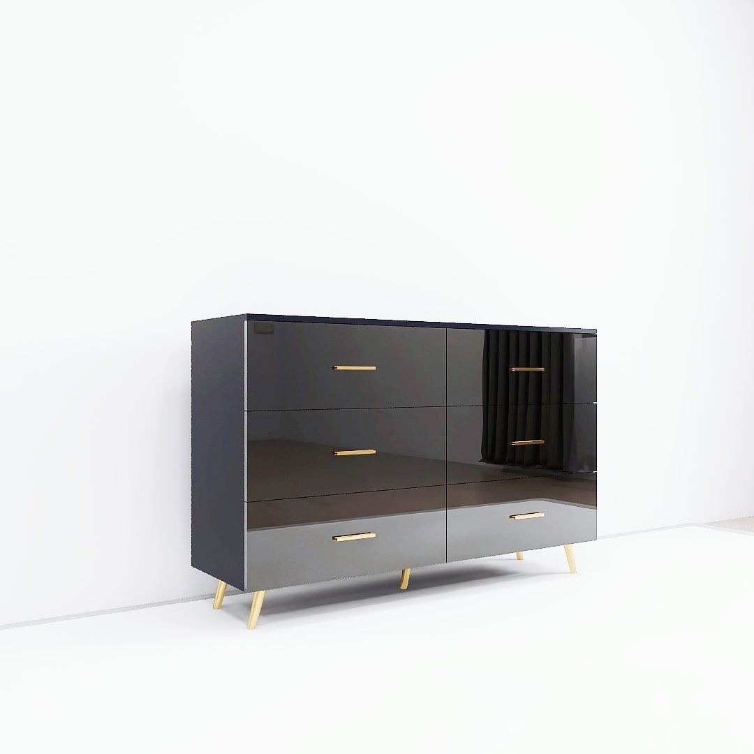 High Glossy Surface 6 Drawers Chest of Drawer with Golden Handle and Golden Steel Legs Black Color Vanity