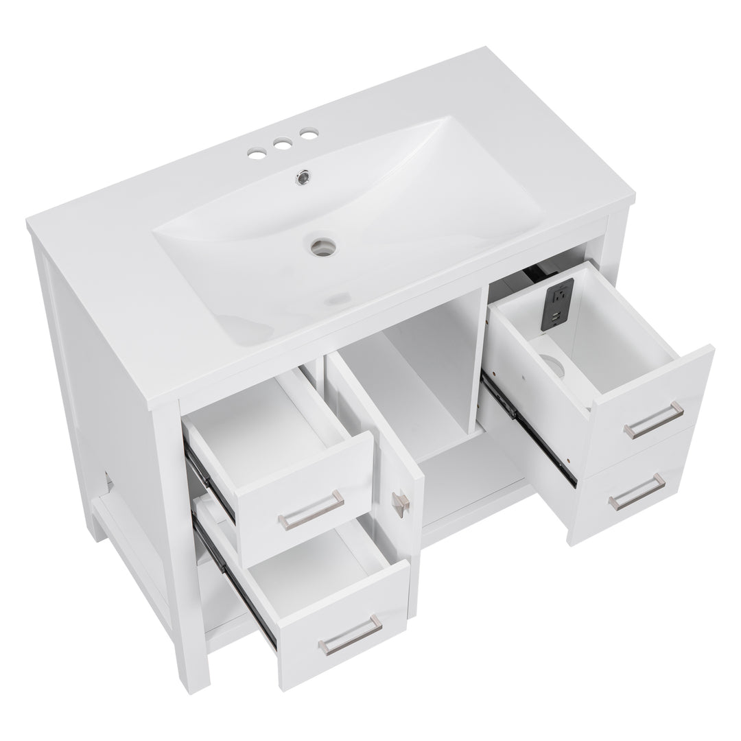 36" White Modern Bathroom Vanity with USB,Two Shallow Drawers, One Deep Drawer,One door,Single Resin Sink,Small Bathroom Organization Cabinet