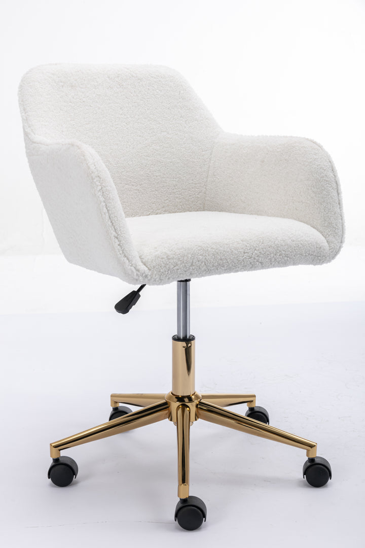 Modern Teddy Fabric Material Adjustable Height 360 Revolving Home Office Chair With Gold Metal Legs And Universal Wheel For Indoor,White