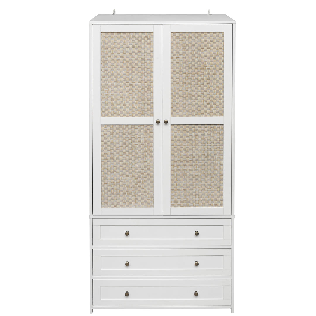 2-Door Wardrobe with 3 Drawers High Wardrobe  Armoire With 2 Rattan Door For Living Room, Bedroom Organizer