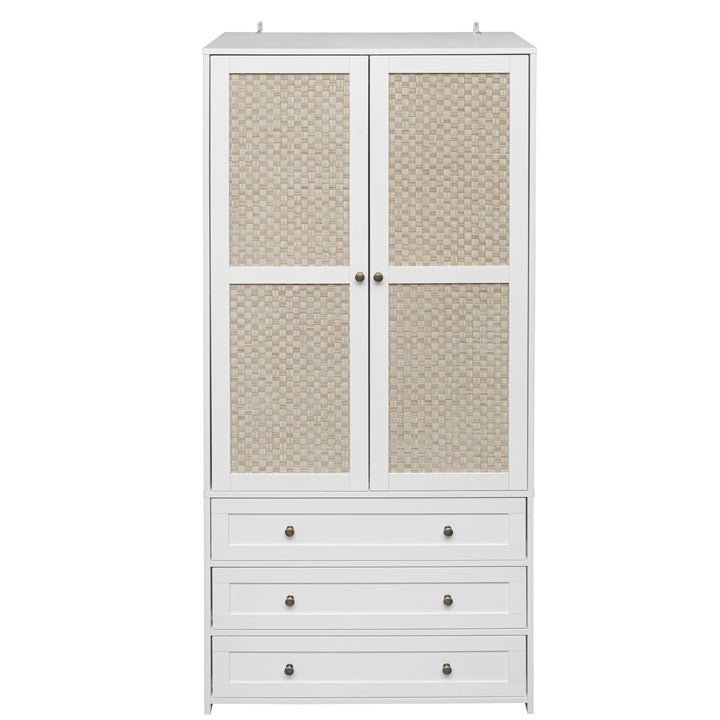 2-Door Wardrobe with 3 Drawers High Wardrobe  Armoire With 2 Rattan Door For Living Room, Bedroom Organizer