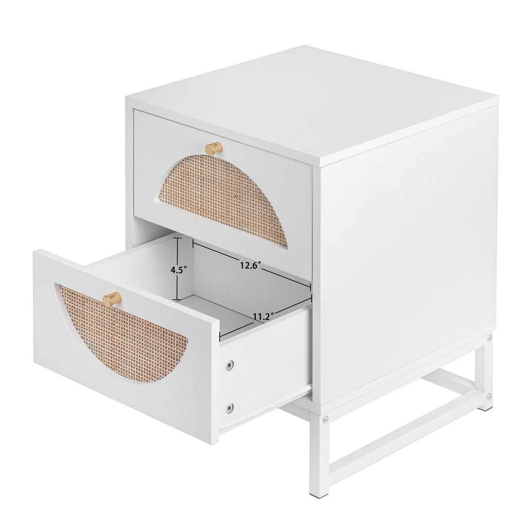 Allen 2 Drawer Nightstand Set of 2, White, Natural Rattan, Display Rack for Bedroom and Living Room