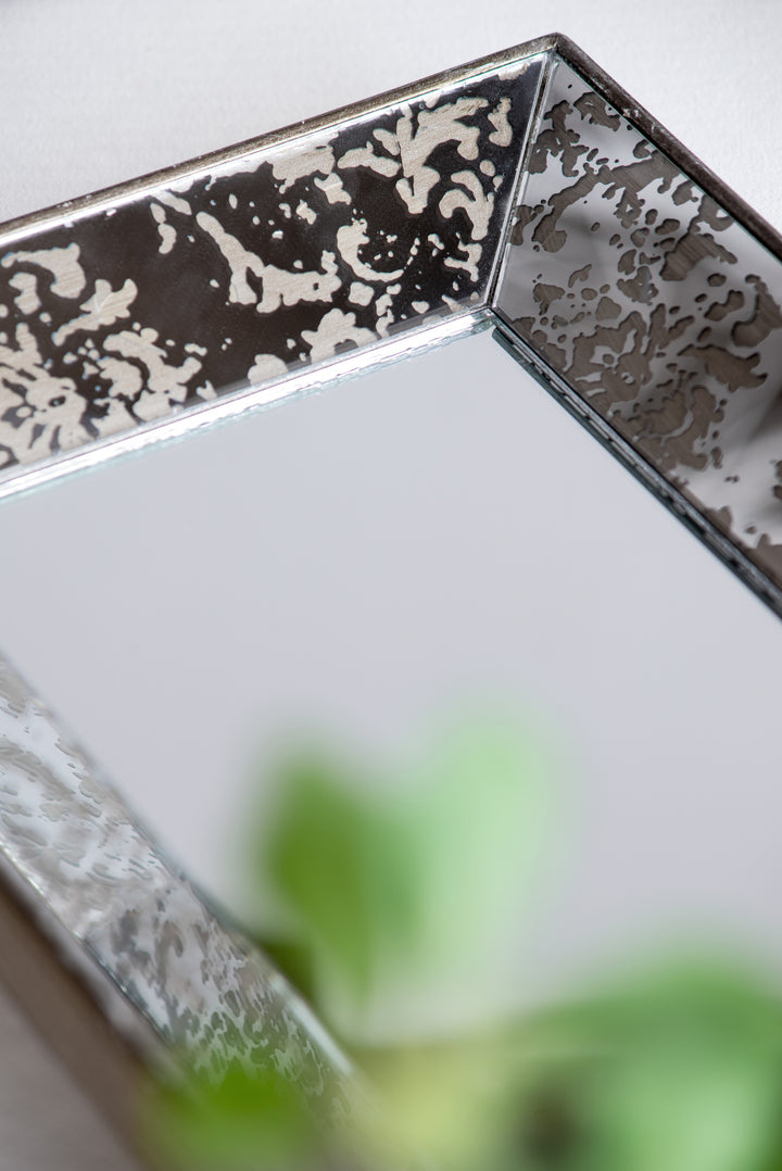 24" x 15" Antique Silver Rectangle Mirror with Floral Accents, Mirrored Display Tray, Hanging Wall Mirror