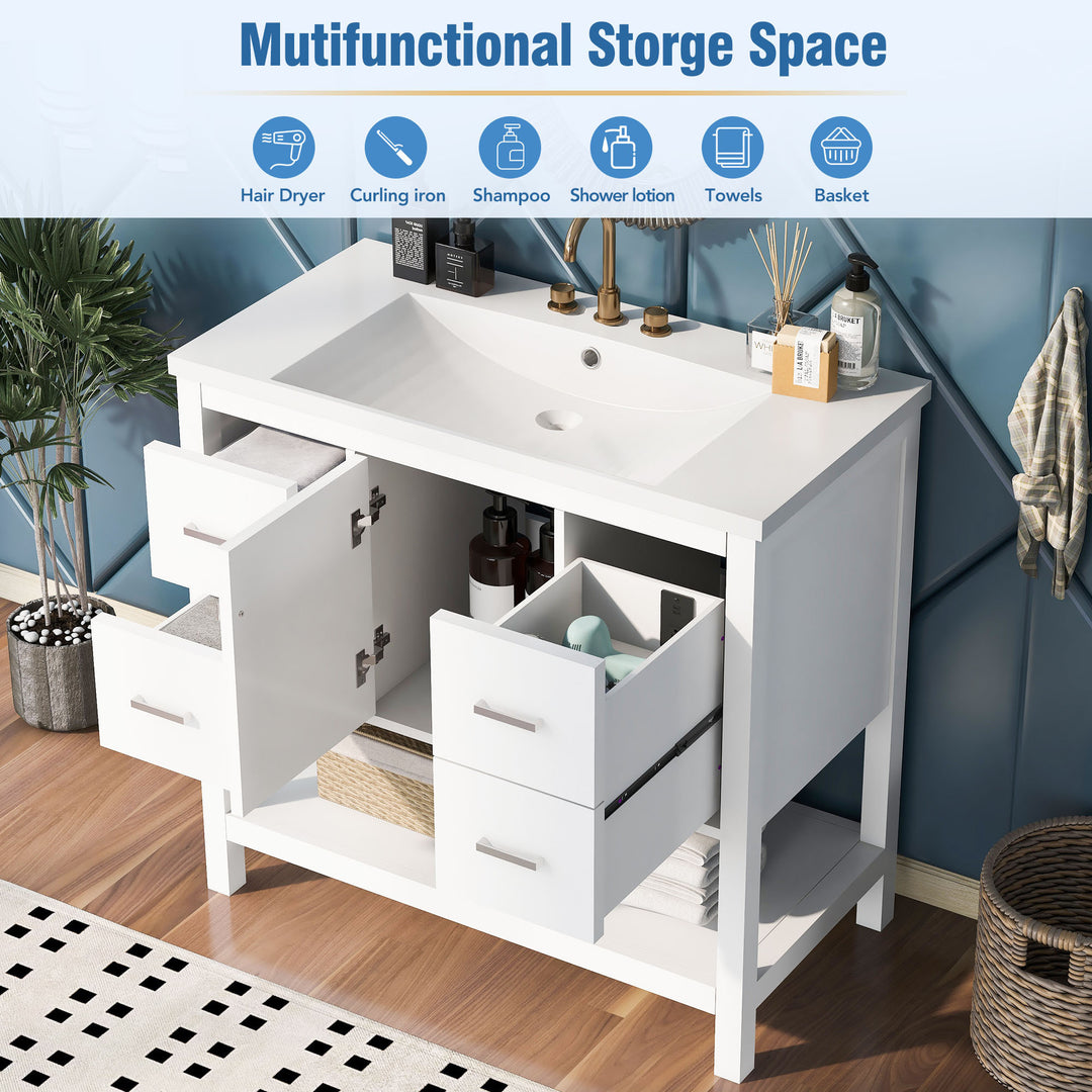 36" White Modern Bathroom Vanity with USB,Two Shallow Drawers, One Deep Drawer,One door,Single Resin Sink,Small Bathroom Organization Cabinet