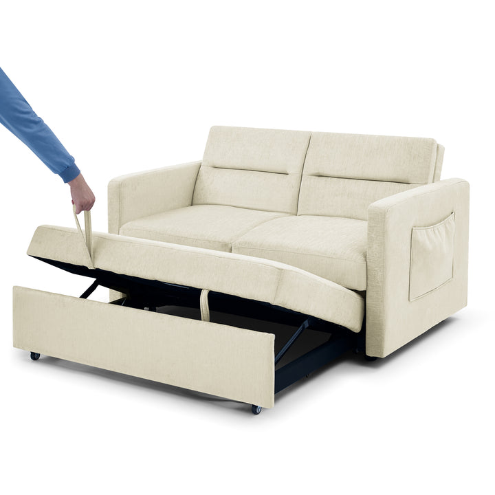 Loveseats Sofa Bed with Pull-out Bed,Adjsutable Back and Two Arm Pocket,Beige (54.5"x33"x31.5")