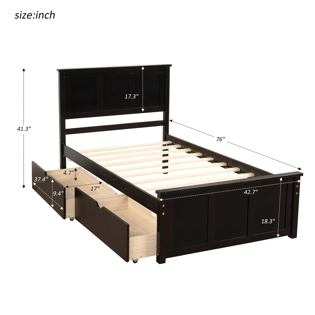 Platform Storage Bed, 2 drawers with wheels, Twin Size Frame, Espresso (New SKU:WF283062AAP)