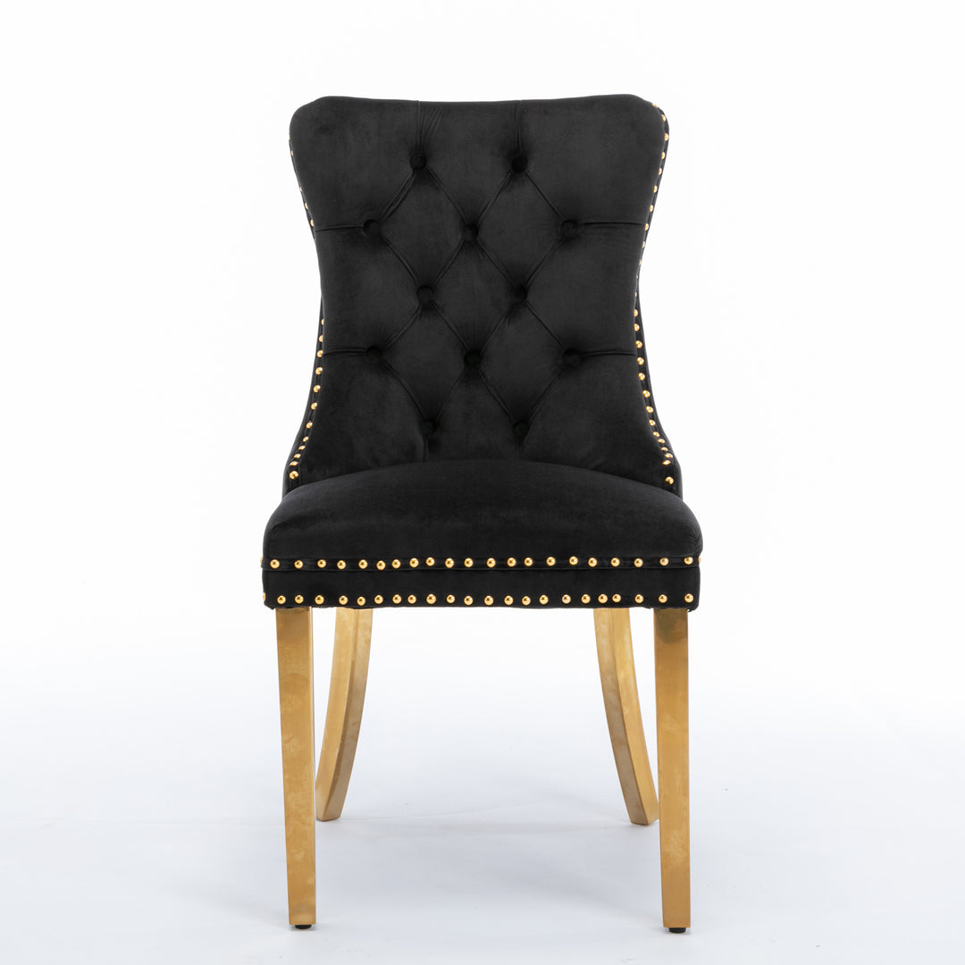 A&A Furniture,Nikki Collection Modern, High-end Tufted Solid Wood Contemporary Velvet Upholstered Dining Chair with Golden Stainless Steel Plating Legs,Nailhead Trim,Set of 2，Black and Gold, SW1601BK