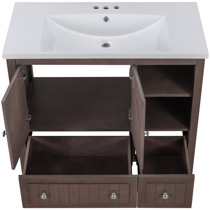 [VIDEO] 36" Bathroom Vanity with Ceramic Basin, Bathroom Storage Cabinet with Two Doors and Drawers, Solid Frame, Metal Handles, Brown (OLD SKU: JL000003AAD)