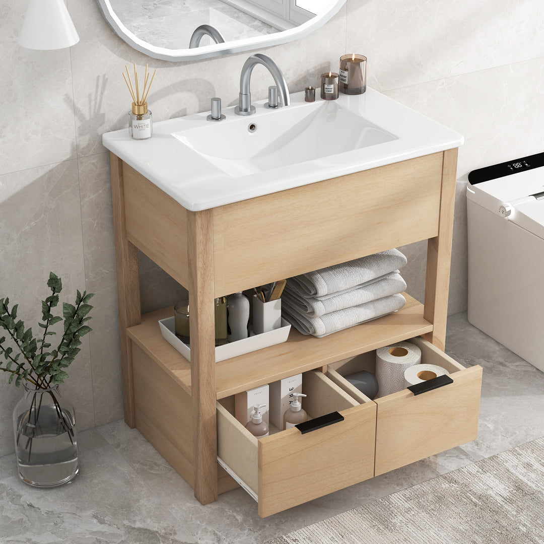 30" Bathroom Vanity with Sink Top, Bathroom Cabinet with Open Storage Shelf and Two Drawers, One Package, Natural