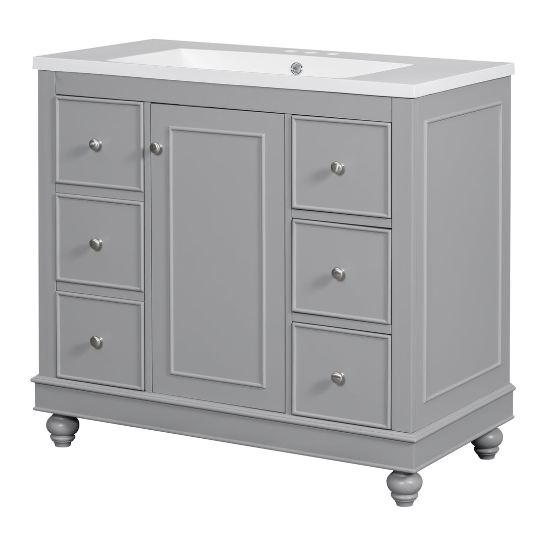 Contemporary Gray Bathroom Vanity Cabinet - 36x18x34 inches, 4 Drawers & 1 Cabinet Door, Multipurpose Storage, Resin Integrated Sink, Adjustable Shelves, Solid Wood Frame with MDF