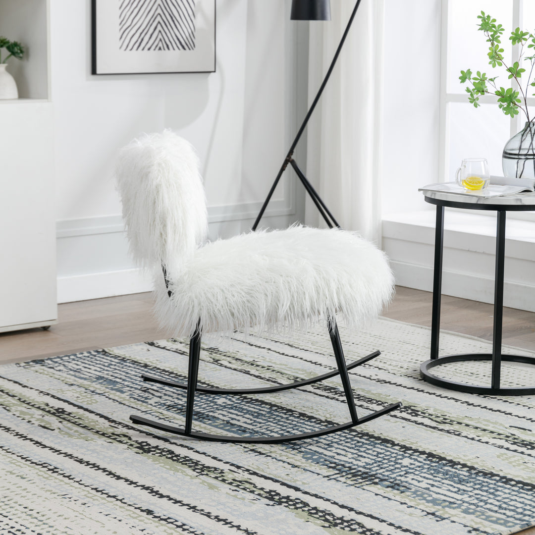 25.2'' Wide Faux Fur Plush Nursery Rocking Chair, Baby Nursing Chair with Metal Rocker, Fluffy Upholstered Glider Chair, Comfy Mid Century Modern Chair for Living Room, Bedroom (Ivory)