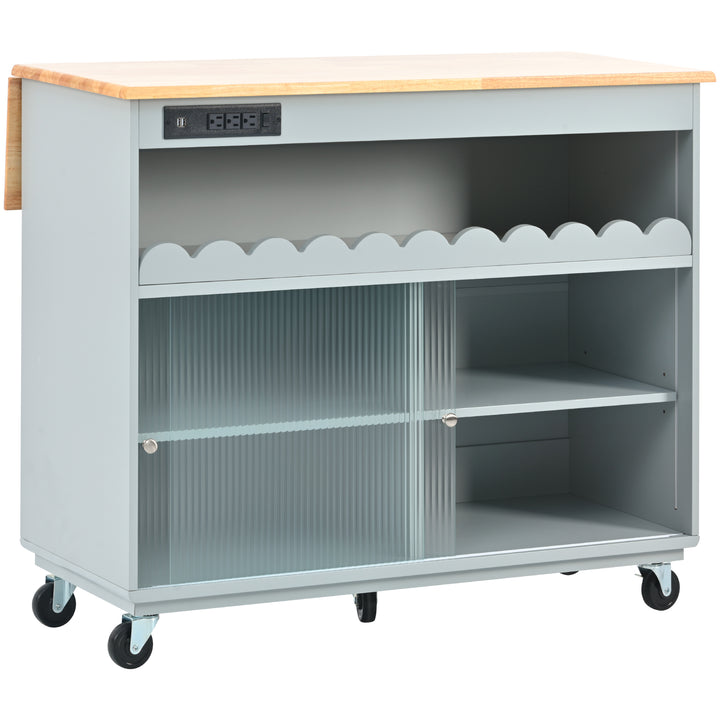 Kitchen Island with Drop Leaf, LED Light Kitchen Cart on Wheels with Power Outlets, 2 Sliding Fluted Glass Doors, Large Kitchen Island Cart with 2 Cabinet and 1 open Shelf (Grey Blue)