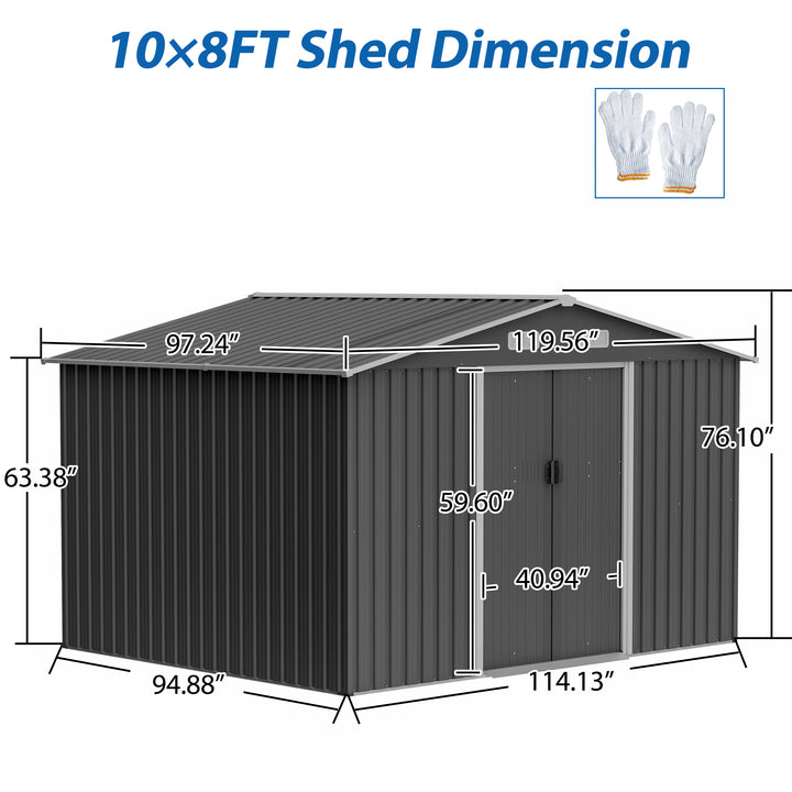 10X8 FT Outdoor Storage Shed, All Weather Metal Sheds with Metal Foundation & Lockable Doors, Tool Shed for Garden, Patio, Backyard, Lawn, Grey