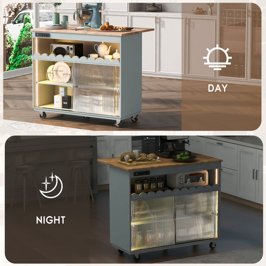 Kitchen Island with Drop Leaf, LED Light Kitchen Cart on Wheels with Power Outlets, 2 Sliding Fluted Glass Doors, Large Kitchen Island Cart with 2 Cabinet and 1 open Shelf (Grey Blue)