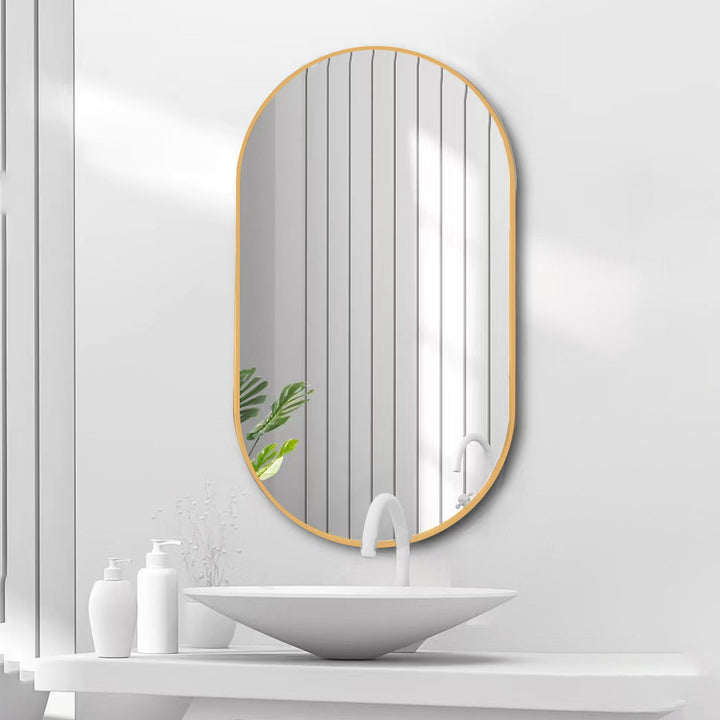 Wall Mounted Mirror, 36"x18" Oval Bathroom Mirror, Gold Vanity Wall Mirror w/ Stainless Steel Metal Frame & Pre-Set Hooks for Vertical & Horizontal Hang, Ideal for Bedroom, Bathroom