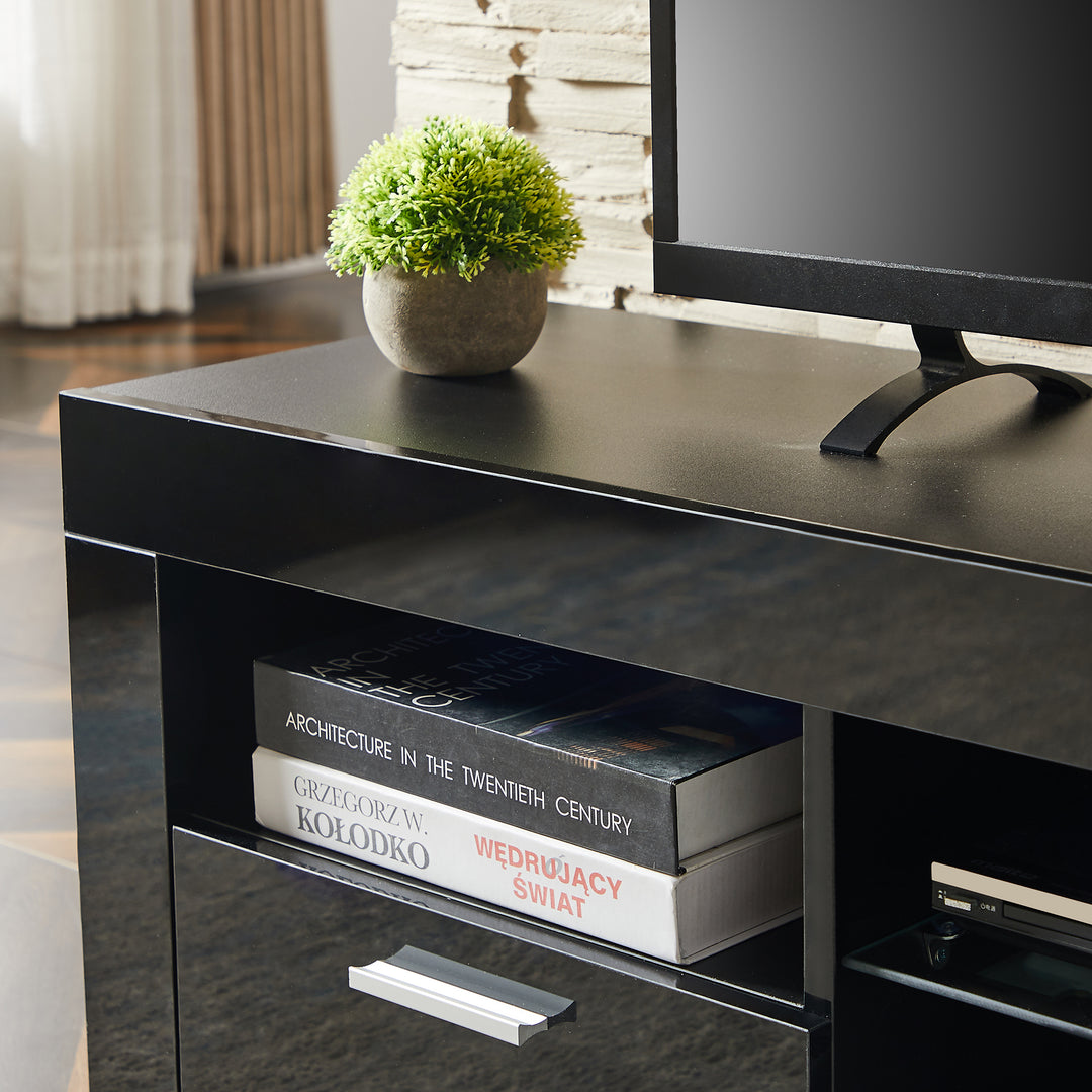 Black morden TV Stand with LED Lights,high glossy front TV Cabinet,can be assembled in Lounge Room, Living Room or Bedroom,color:Black