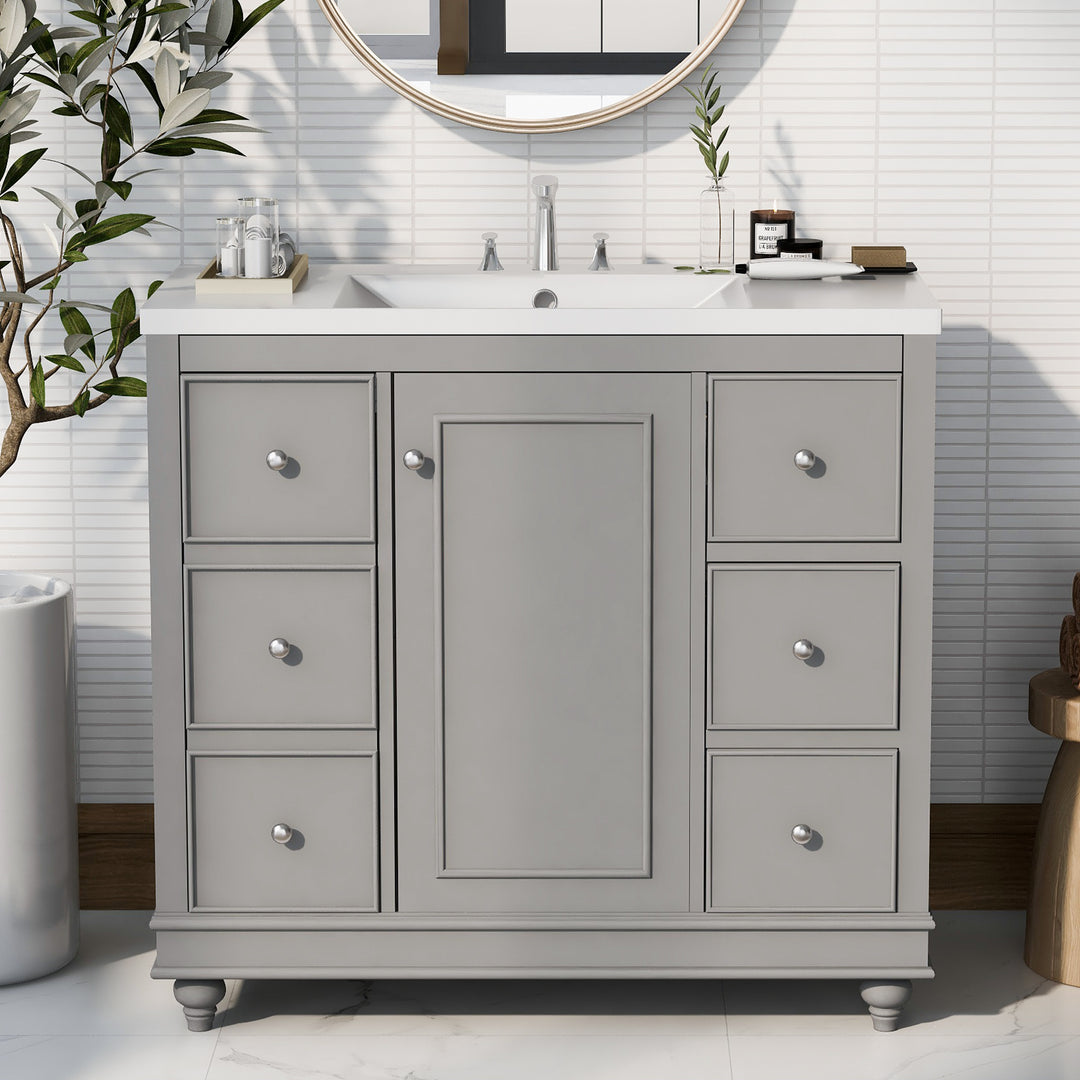 Contemporary Gray Bathroom Vanity Cabinet - 36x18x34 inches, 4 Drawers & 1 Cabinet Door, Multipurpose Storage, Resin Integrated Sink, Adjustable Shelves, Solid Wood Frame with MDF