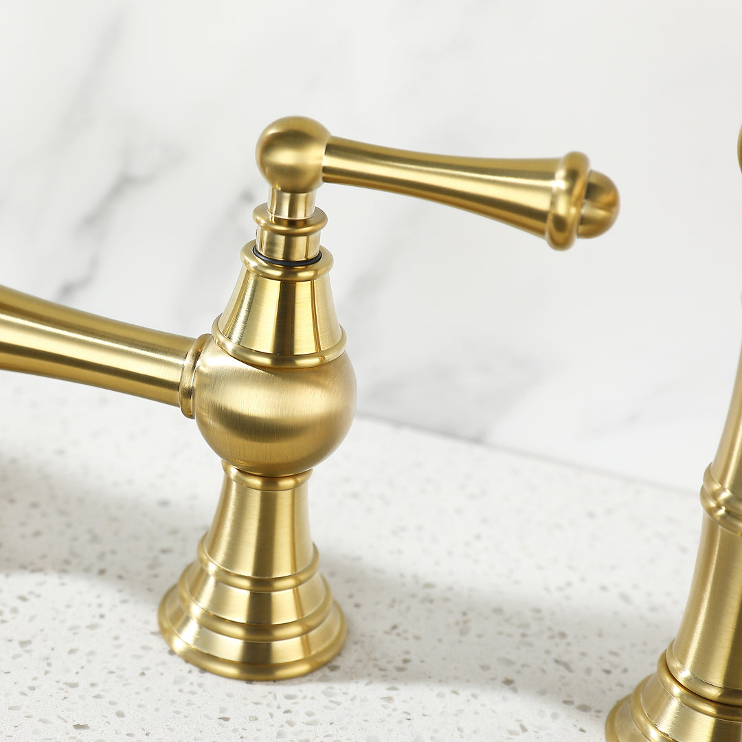 8 inch Centerset Bridge Kitchen Faucet with Brass Side Sprayer 2 Handles 4 Holes Antique Classic Heritage Deck-Mount Kitchen Sink Faucet