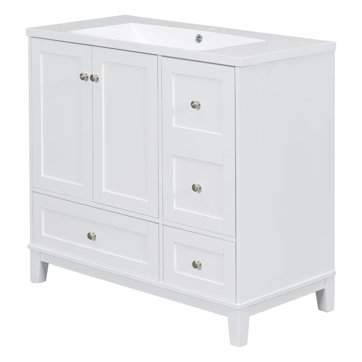 36 Inch Modern Bathroom Vanity with USB Charging, Two Doors and Three Drawers Bathroom Storage Vanity Cabinet, Small Bathroom Vanity cabinet with single sink , White & Gray Blue - Faucets Not Included