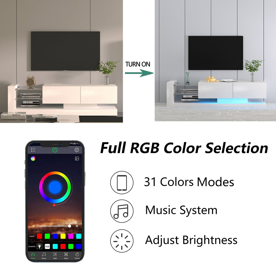 TV Console with Storage Cabinets, Full RGB Color 31 Modes Changing Lights Remote RGB LED TV Stand, Modern Entertainment Center (Ivory, for 75 inches TV)