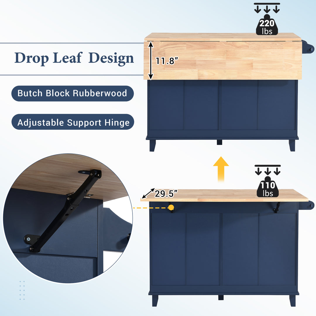 TOPMAX Farmhouse Kitchen Island Set with Drop Leaf and 2 Seatings,Dining Table Set with Storage Cabinet, Drawers and Towel Rack, Blue+Black+Brown