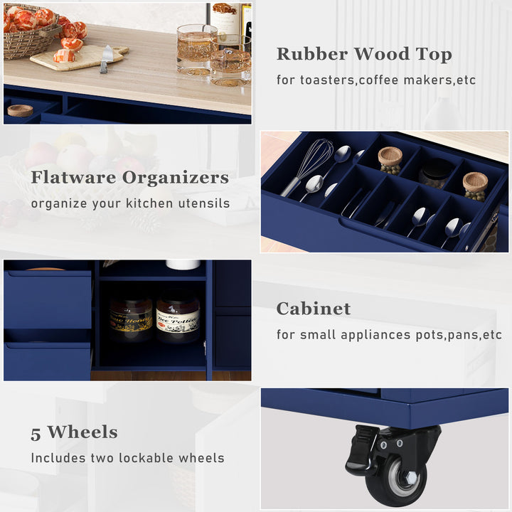 K&K Store Kitchen Cart with Rubber Wood Countertop , Kitchen Island has 8 Handle-Free Drawers Including a Flatware Organizer and 5 Wheels for Kitchen Dinning Room, Dark Blue