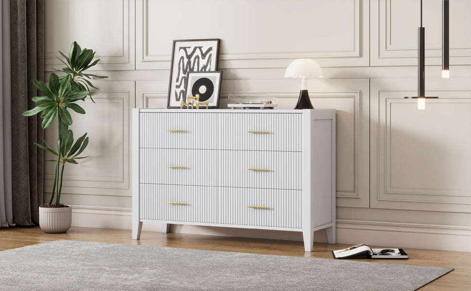 6 Drawer Dresser with Metal Handle for Bedroom, Storage Cabinet with Vertical Stripe Finish Drawer, White(Passed ASTM F2057-23 Test)