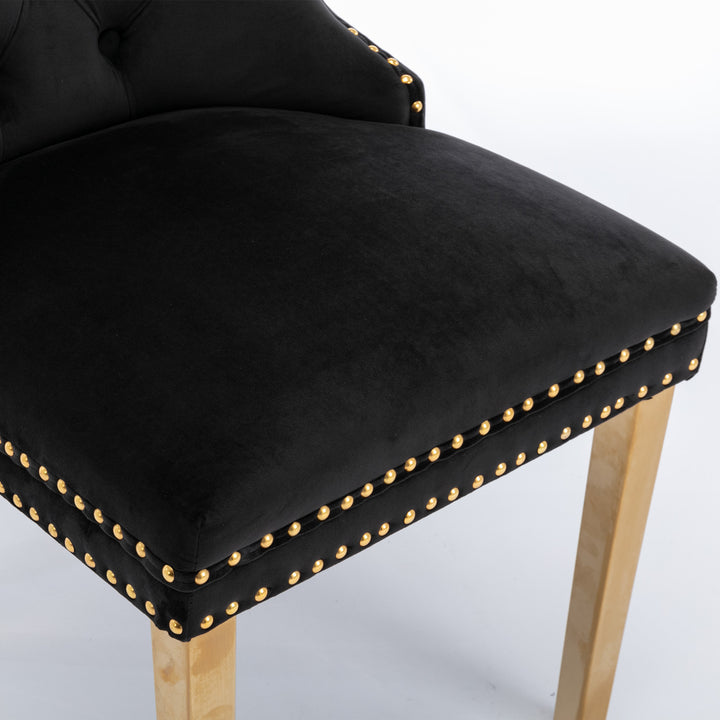 A&A Furniture,Nikki Collection Modern, High-end Tufted Solid Wood Contemporary Velvet Upholstered Dining Chair with Golden Stainless Steel Plating Legs,Nailhead Trim,Set of 2，Black and Gold, SW1601BK