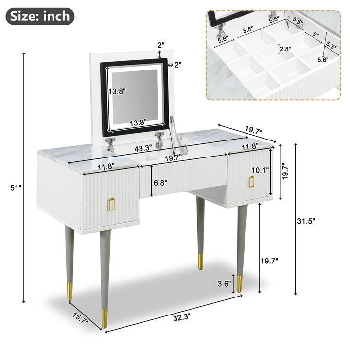 43.3" Modern Vanity Table Set with Flip-top Mirror and LED Light, Dressing Table with Customizable Storage, Marble-style Stickers Tabletop, White and Gray